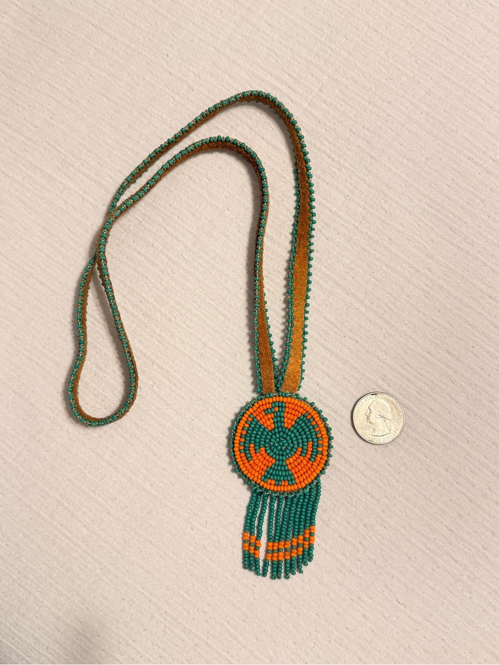 Handmade Beaded Pendant Necklace in Green and Orange